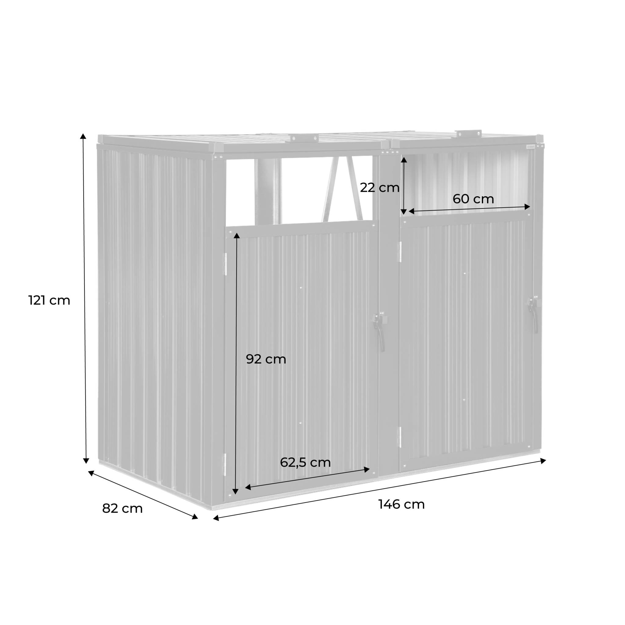 Cache poubelle gris en acier galvanisé. 2 places L 146 x P 82 x H 124 cm