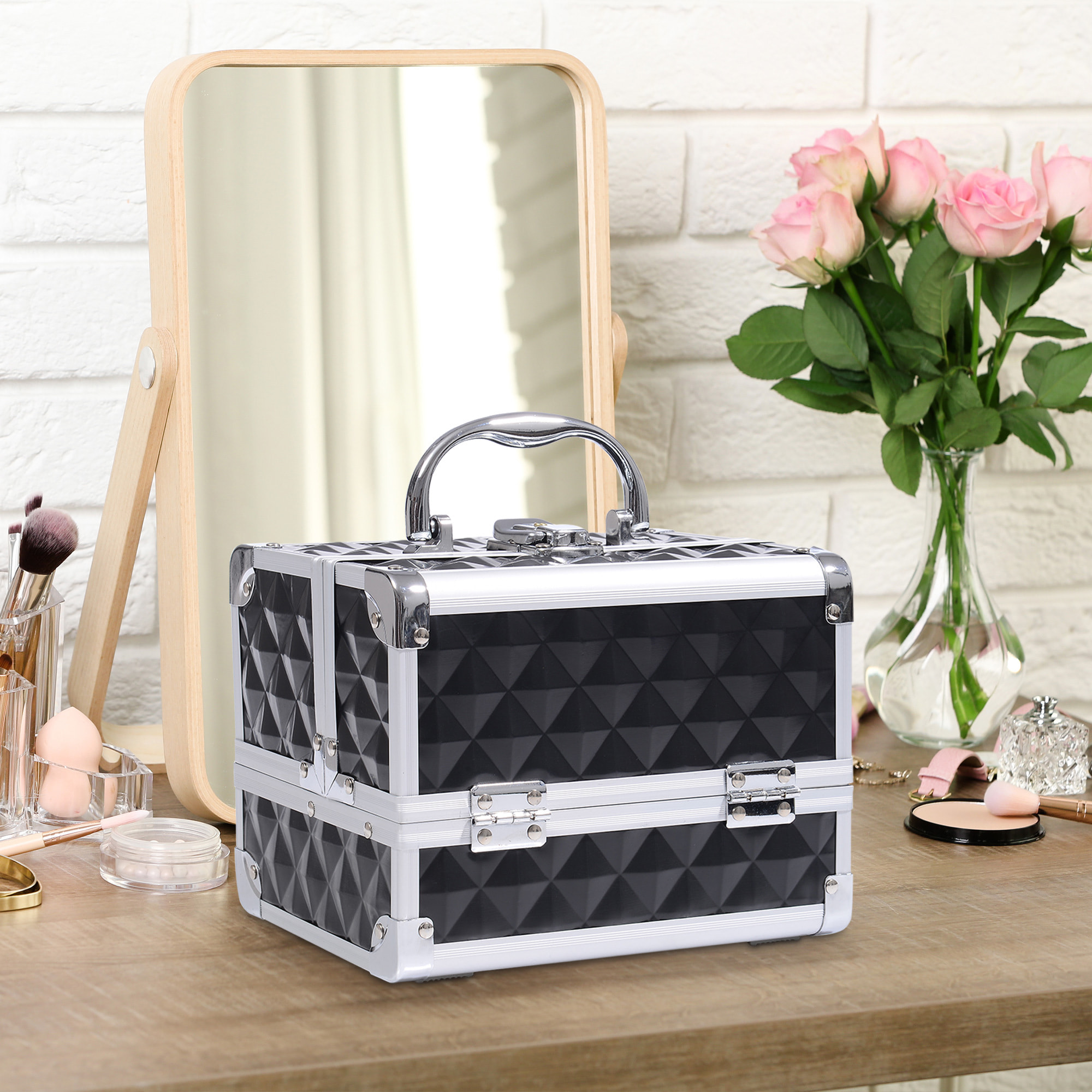 Maletín de Maquillaje Organizador Cosméticos Profesional Estuche de Maquillaje Caja de Belleza Portátil Con Espejo Cerradura Varios Compartimientos 20x15x15cm Aluminio Negro