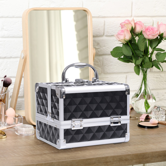 Maletín de Maquillaje Organizador Cosméticos Profesional Estuche de Maquillaje Caja de Belleza Portátil Con Espejo Cerradura Varios Compartimientos 20x15x15cm Aluminio Negro