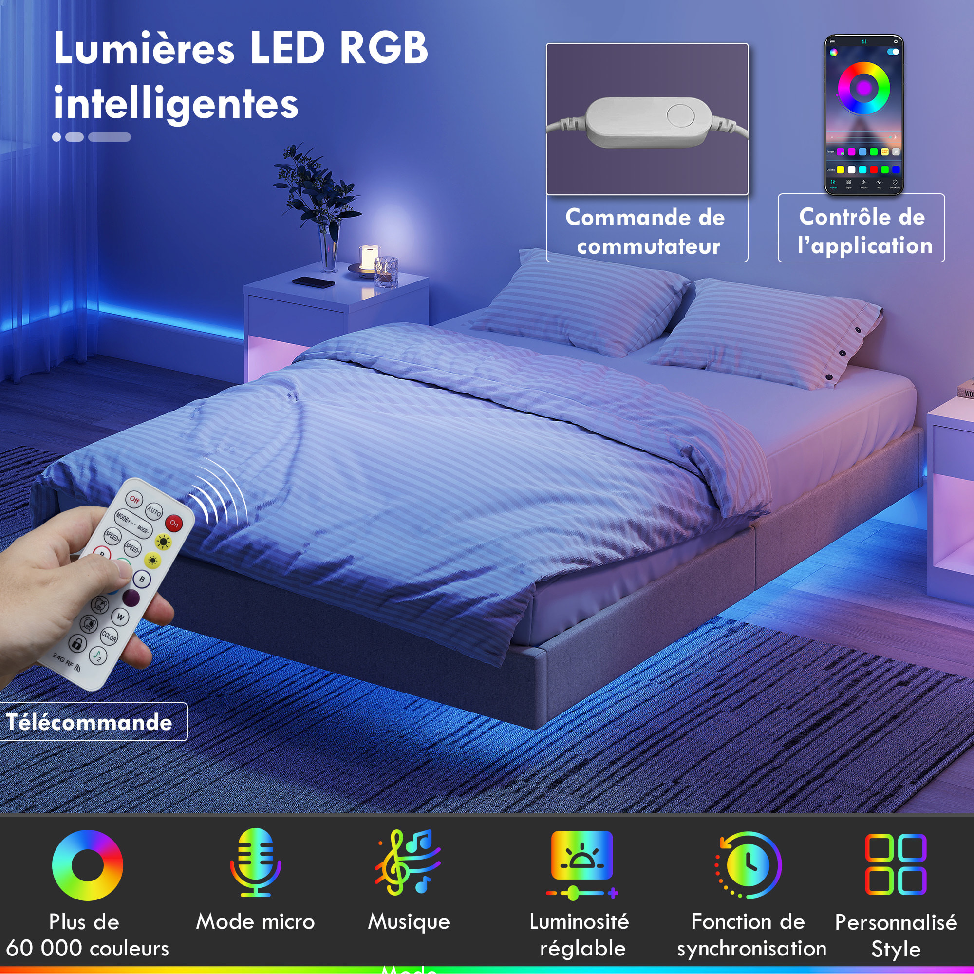 Cadre de lit flottant LED 140x190cm sommier à lattes en bois intégré revêtement tissu beige