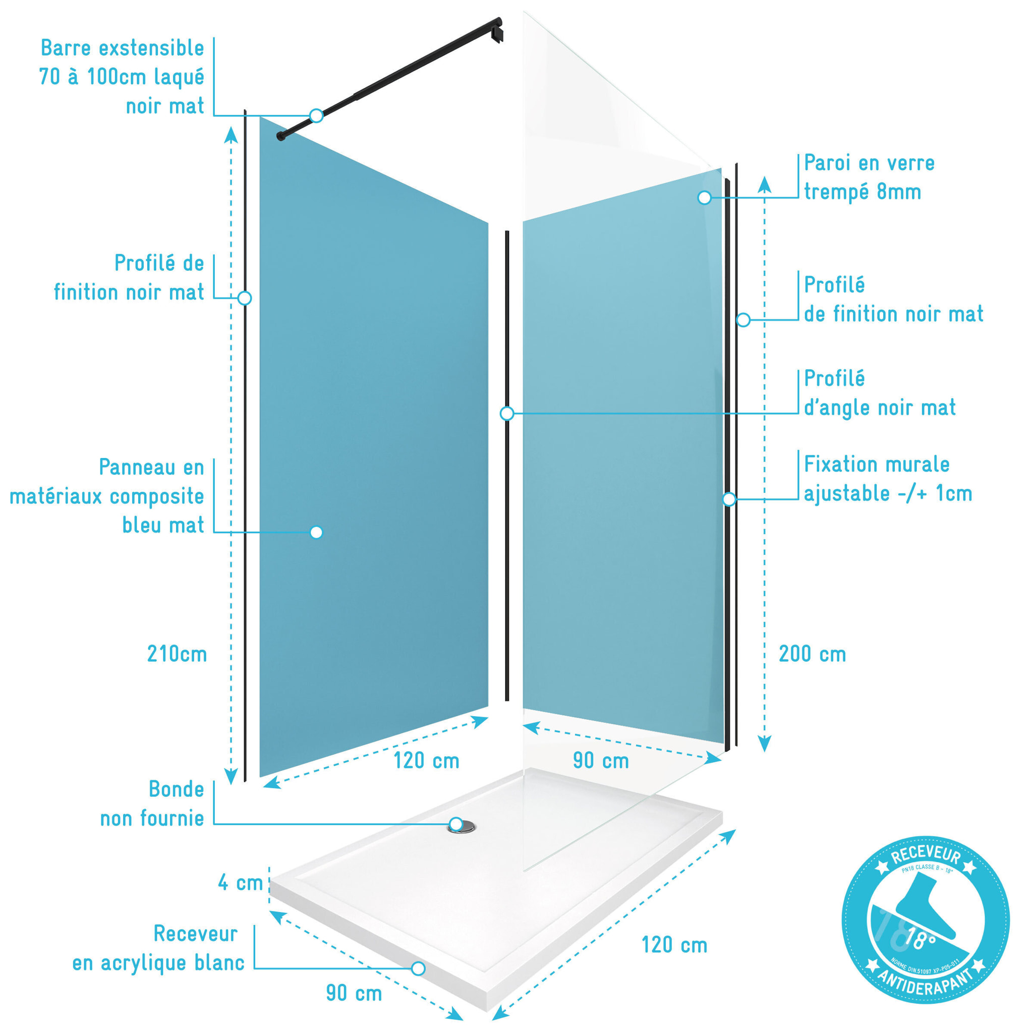 Pack Douche à l'Italienne 90x120 - Kit Panneaux Muraux Bleu/Noir + Receveur + Paroi Transparente
