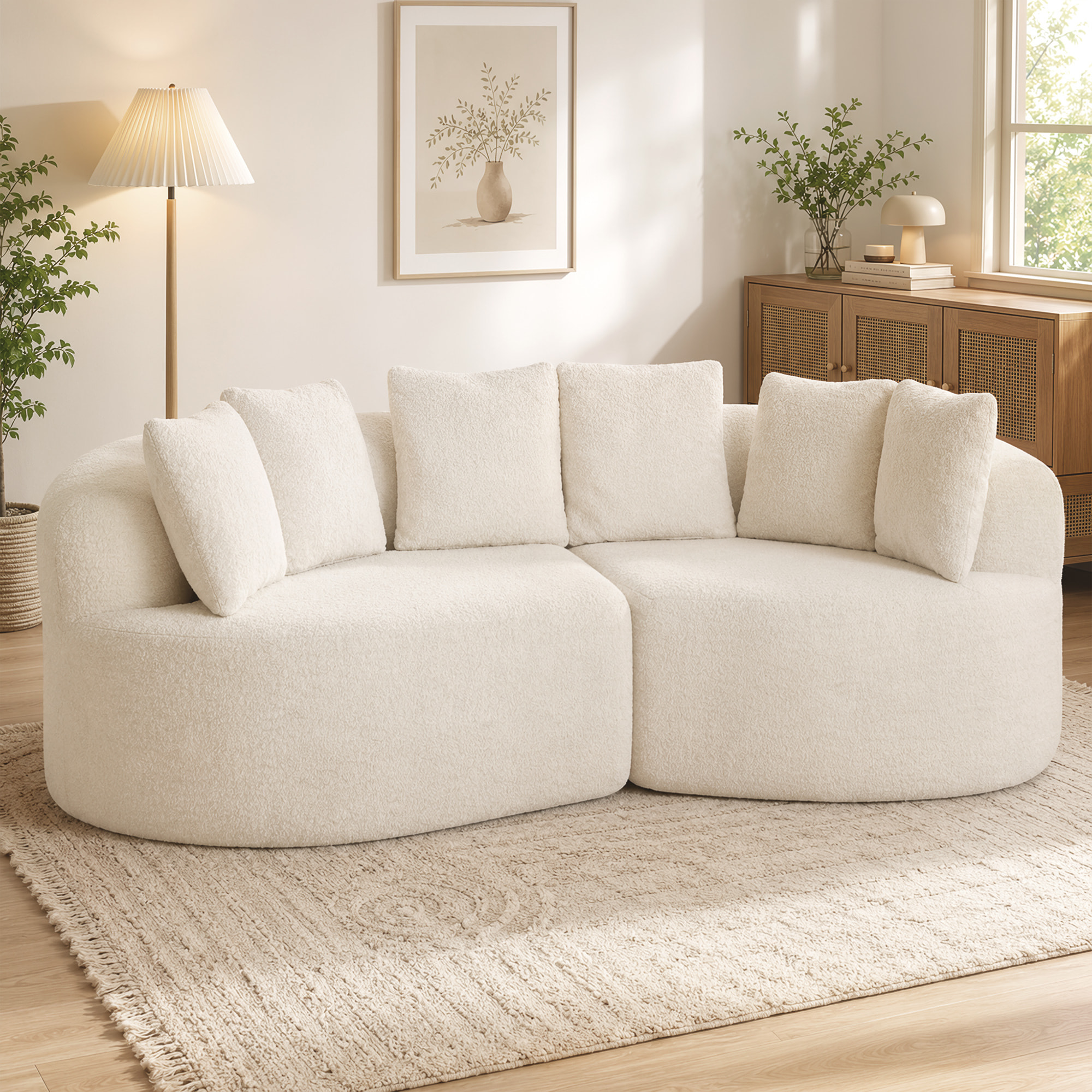 Canapé design arrondi 3 places 6 coussins tissu chenille crème
