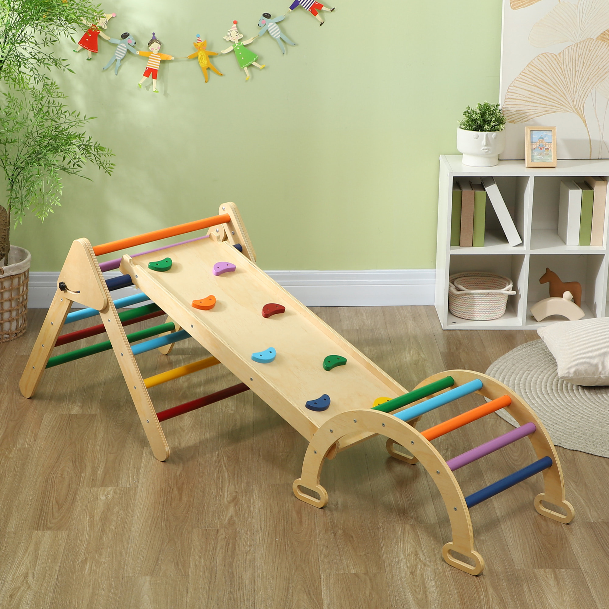 Ensemble d'escalade en bois 5 en 1 - triangle Pikler, arche, bascule, toboggan, rampe - panneaux bois pin