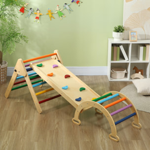 Ensemble d'escalade en bois 5 en 1 - triangle Pikler, arche, bascule, toboggan, rampe - panneaux bois pin