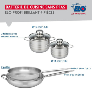 Ensemble de 2 Poêles de cuisson 28 et 32 cm et 2 faitouts 14 et 16 cm Elo Profi Brillant