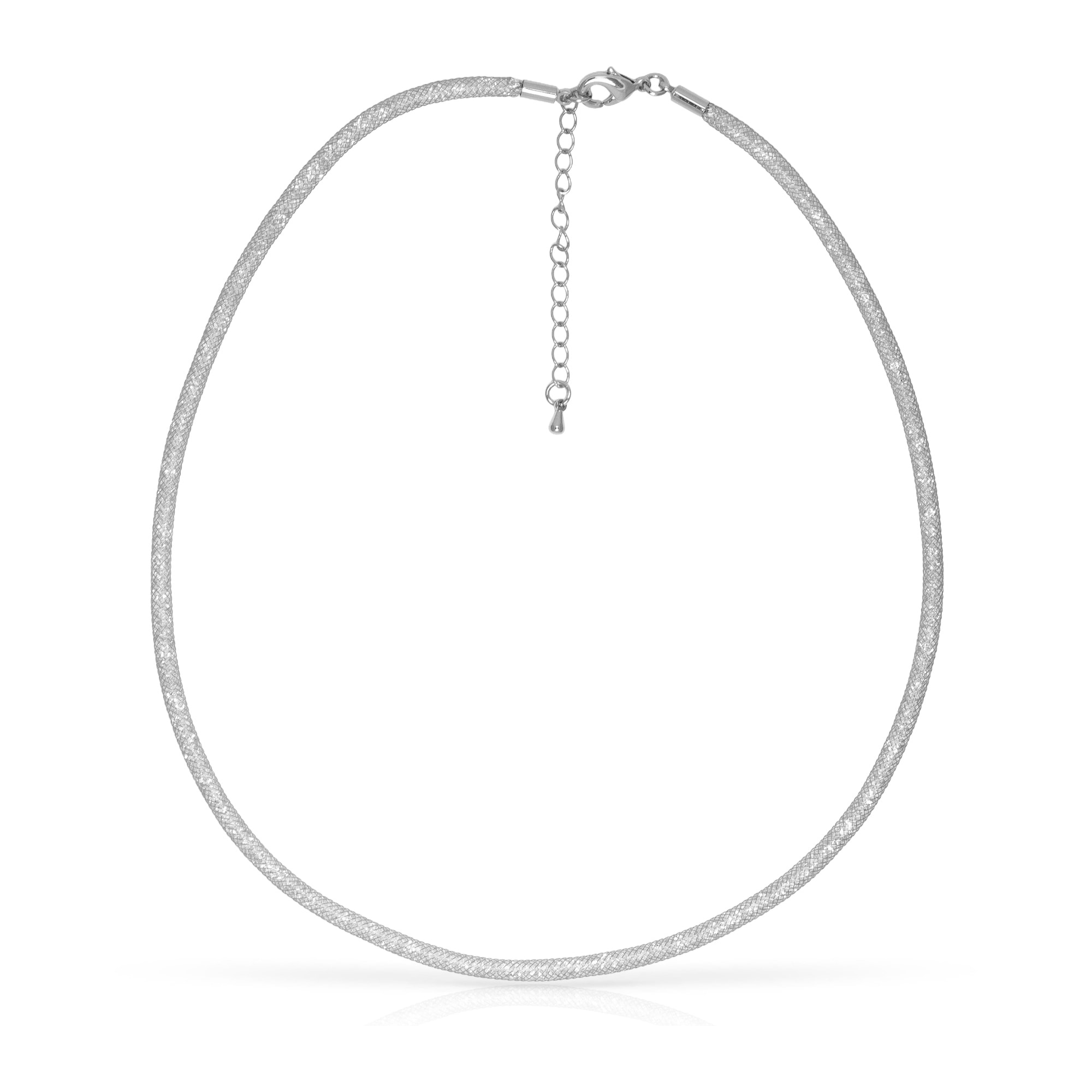 Set de collar y pulsera plateados de malla de cobre con relleno de cristal brillante y cierre de mosquetón de cobre plateado.