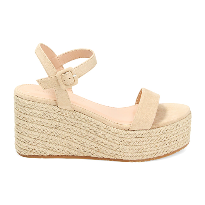 Zeppe beige in microfibra, platform in rafia 8,5 cm