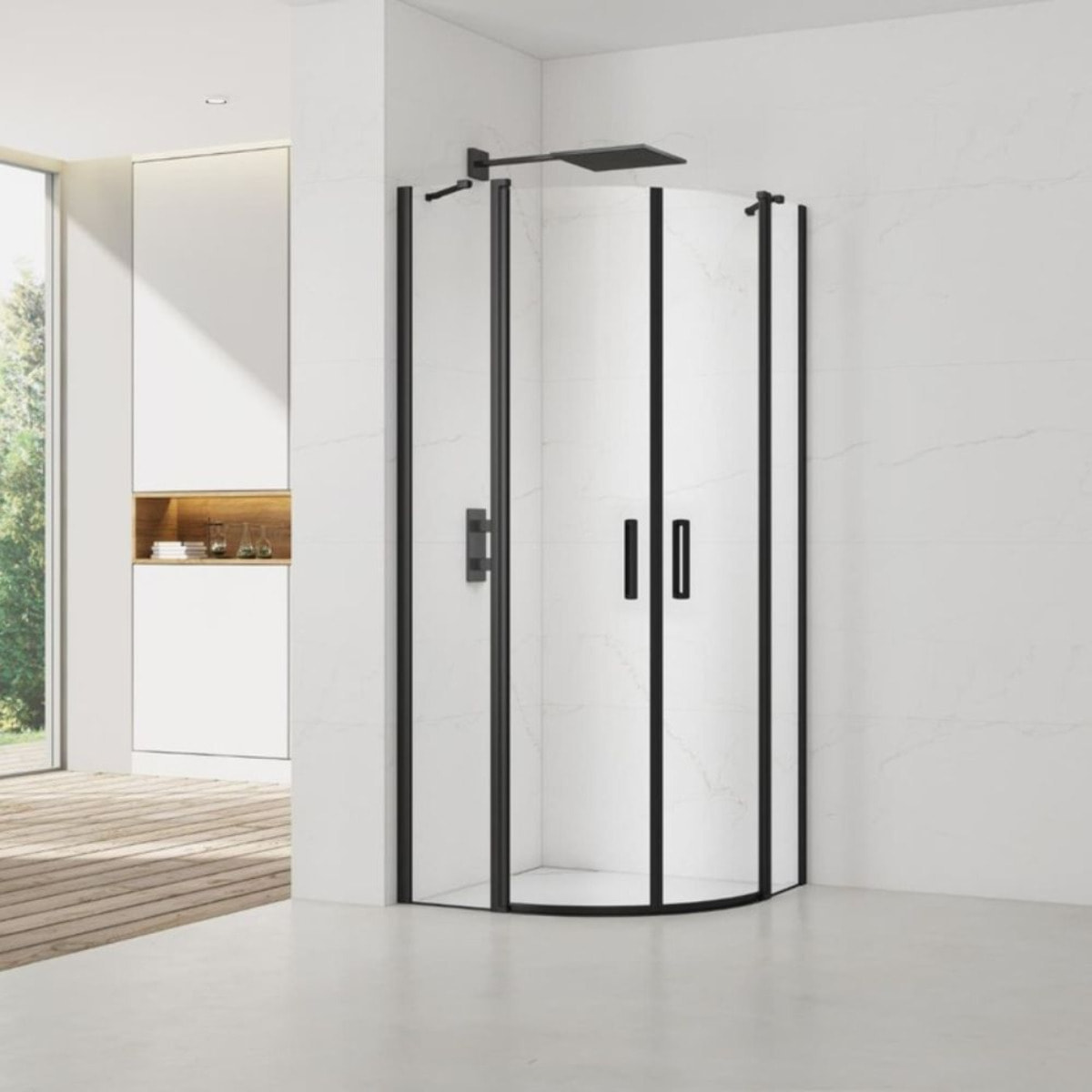 Set Porte de douche 80x195 cm transparente noir + 2x Poignée pour porte de douche, chrome (SATFUSP80CT-SET)