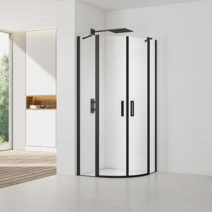 Set Porte de douche 80x195 cm transparente noir + 2x Poignée pour porte de douche, chrome (SATFUSP80CT-SET)