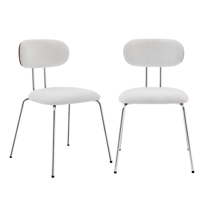 2 chaises décor bois courbé teinté noyer et tissu déperlant blanc. pieds métal chromé - L 45 x P 55 x H 80cm - Erin