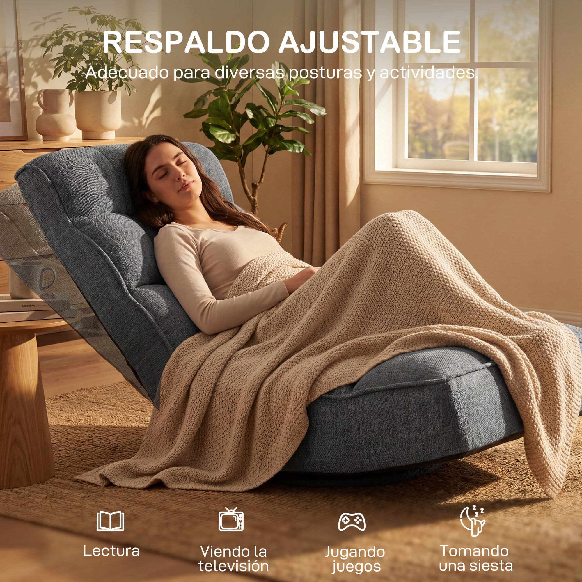 Silla de Suelo Plegable, Silla de Lectura Giratoria 360° con Respaldo Ajustable en 5 Posiciones, Sofá de Suelo de Lino y Acolchado, para Meditación y Gaming, 58x107x79 cm, Gris