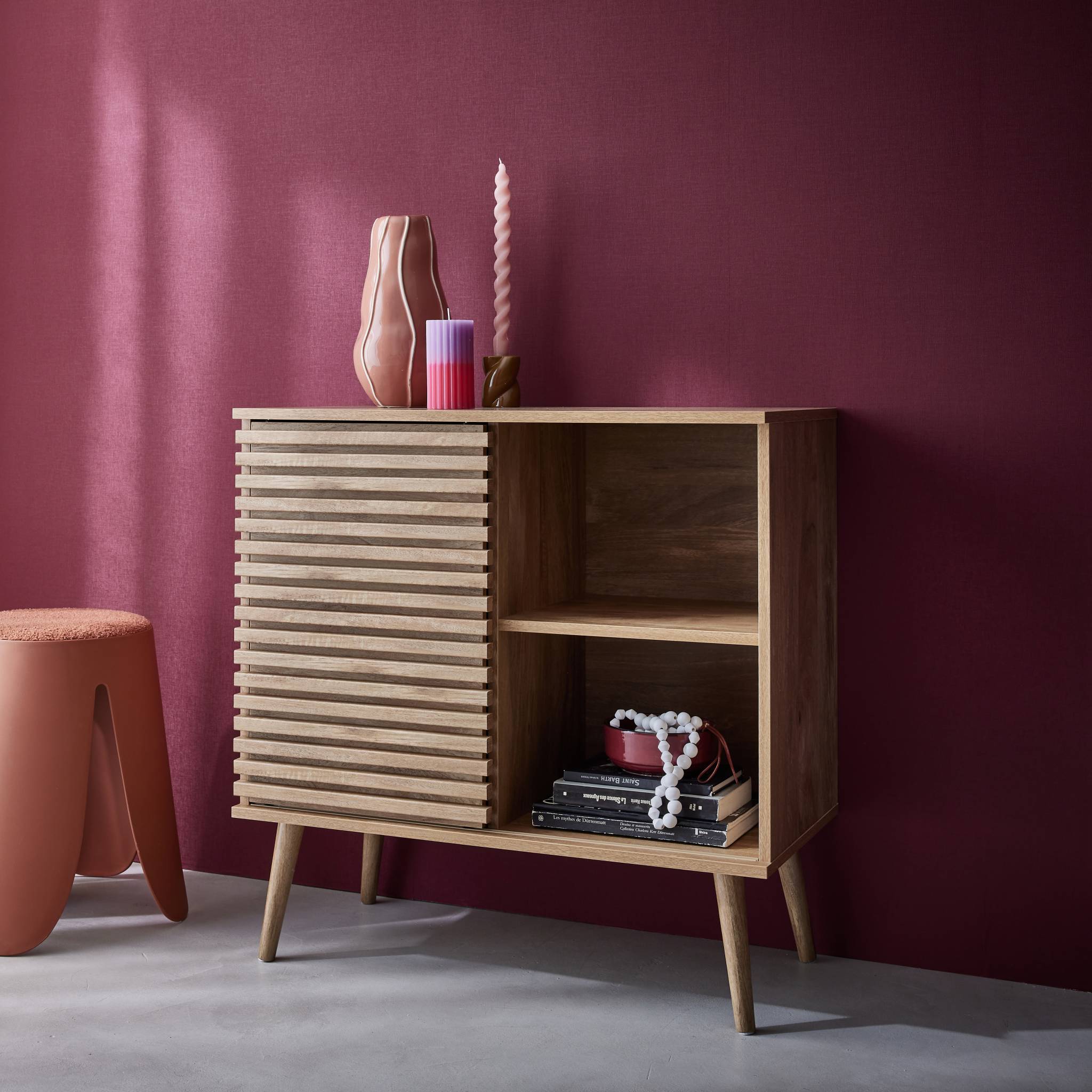 Buffet scandinave décor bois rainuré 1 porte coulissante 80cm MADERE