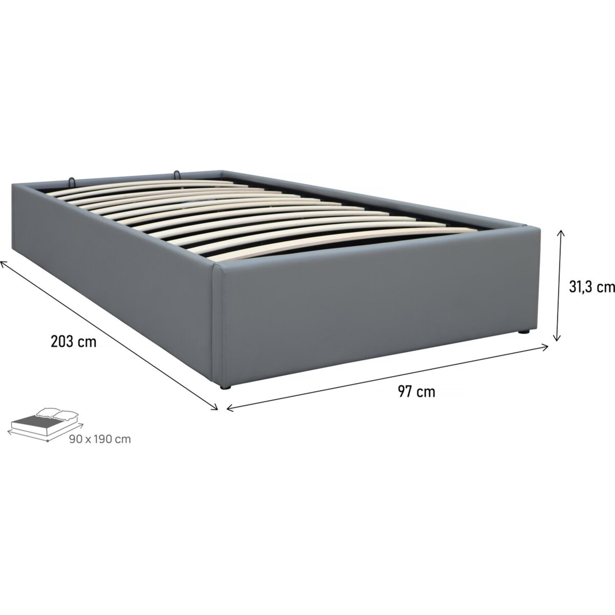 Lit simple en PVC avec coffre "Ava" - 90 x 190 cm - Gris