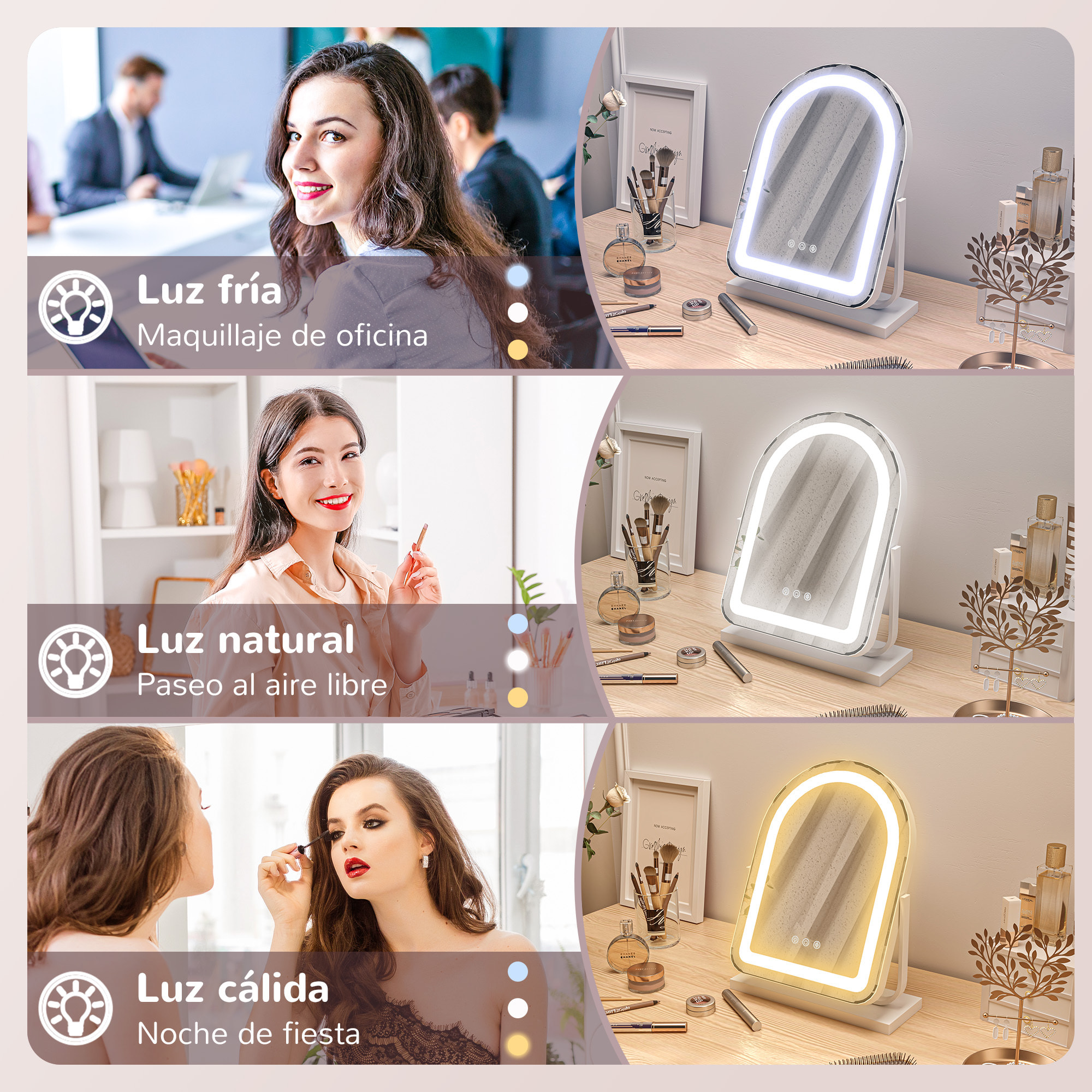 Espejo Maquillaje con Luz LED Espejo Tocador Giratorio con 3 Modos de Iluminación Ajustables Interruptor Táctil Rotación Regulable de 360° y Función de Memoria Blanco