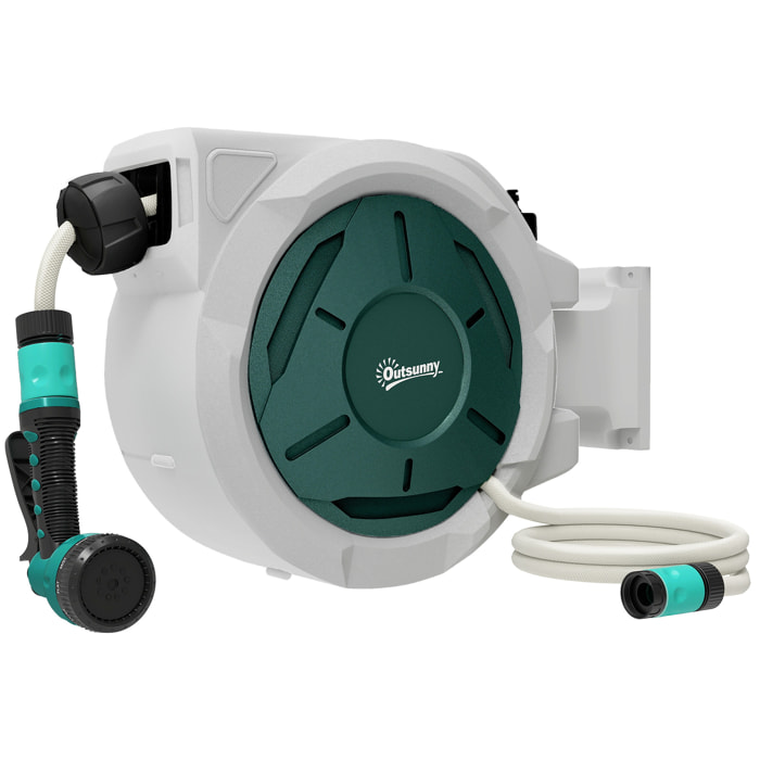 Dévidoir mural enrouleur automatique pivotant 180° tuyau 30 + 2 m avec lance arrosage 7 modes support mural intégré gris clair vert