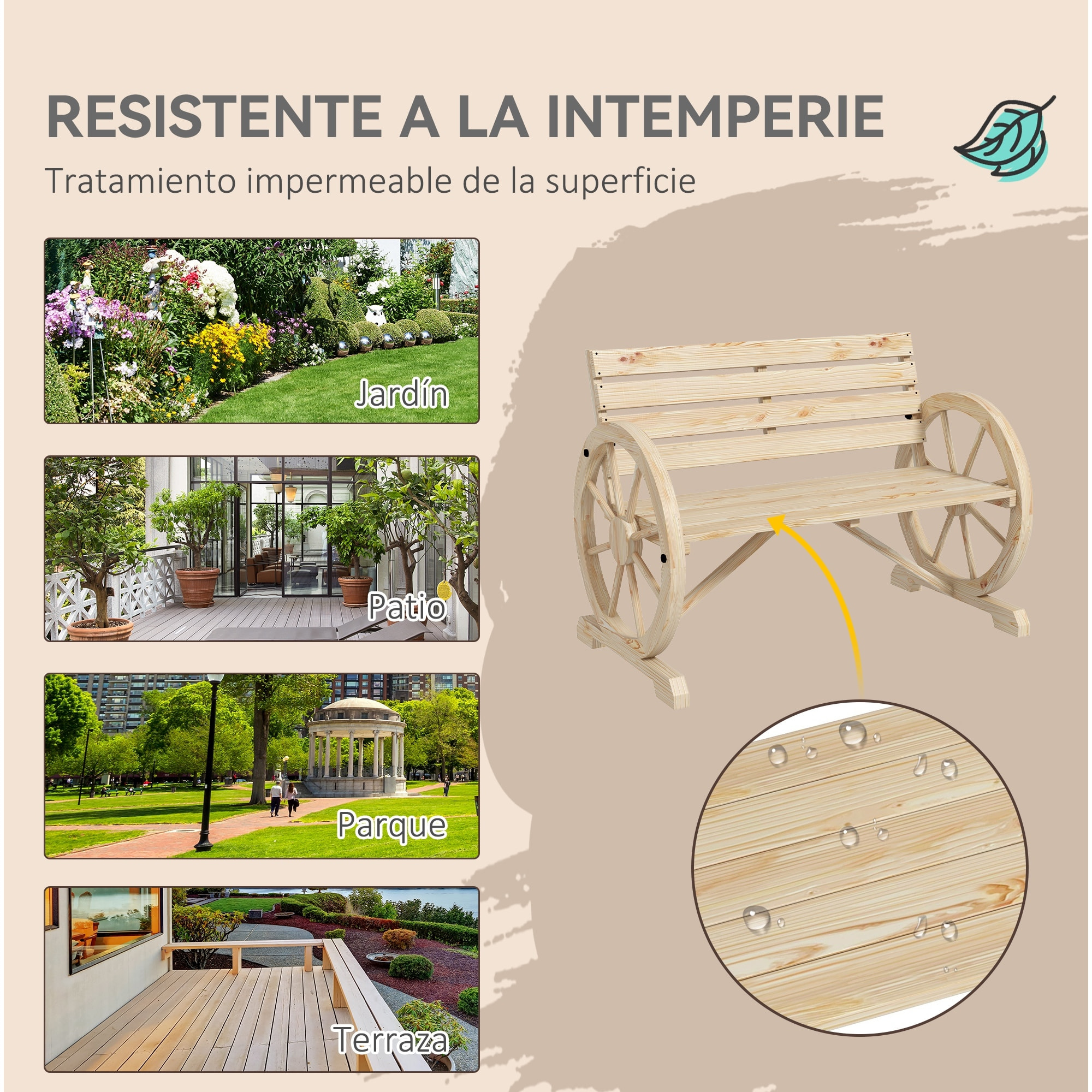 Banco de Jardín de Madera, Banco de Exterior con Reposabrazos en Forma de Rueda, Estilo Rústico, Carga 240 kg, de 2 Plazas, para Patio, Terraza, 105,5x56x79 cm, Madera Natural