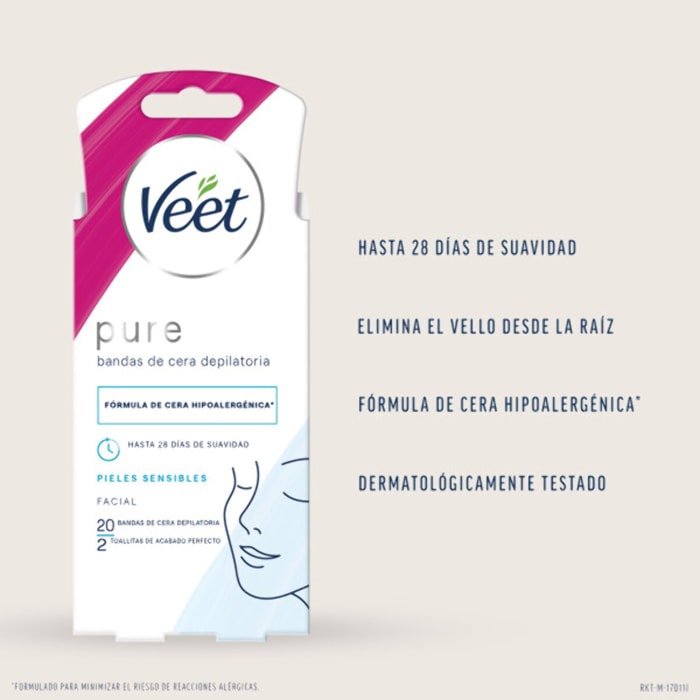 Veet Pure Bandas de Cera Fría Depilatoria para Depilación Facial, Adecuado para Labio Superior (Bigote), para pieles sensibles,Pack 2x 20 tiras