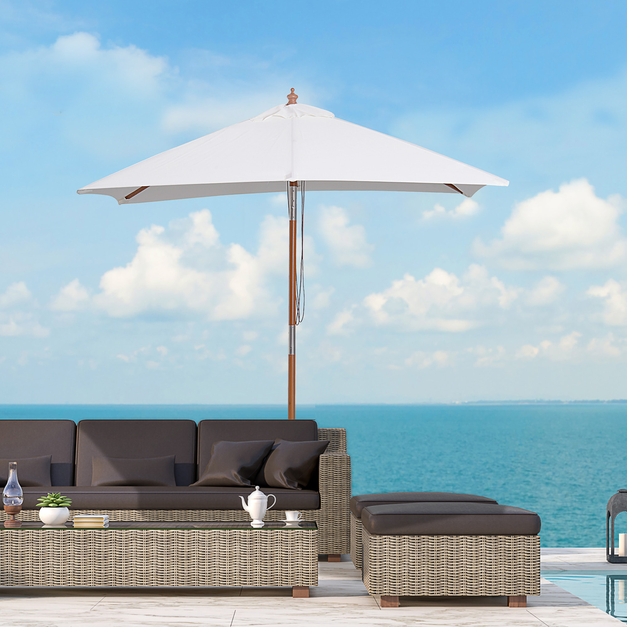 Sombrilla Ángulo Inclinable De Madera Bambú 2x1,5m Crema