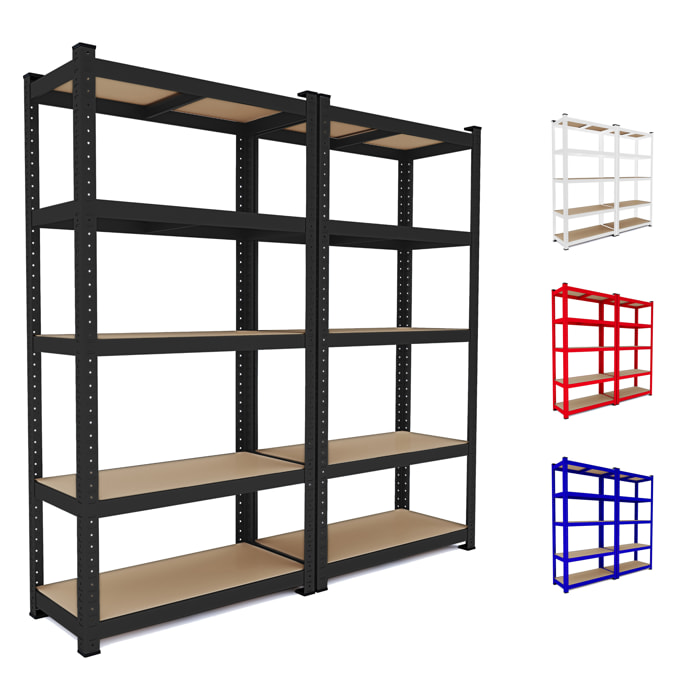 2 Scaffali In Metallo E MDF Scaffale Alta Portata Fino a 875 kg 5 Ripiani Regolabili Garage Officina Cantina Magazzino Modulare 180 x 90 x 40 cm Nero