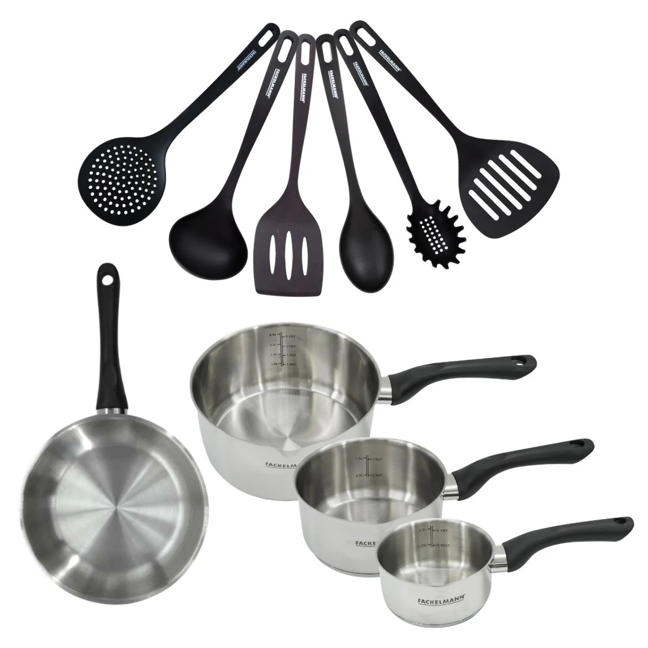 Set 1 poêle, 3 casseroles en inox et 6 ustensiles RPET Fackelmann Geneva