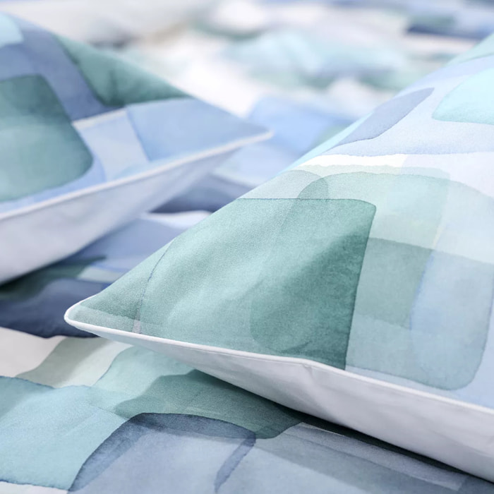 Lot de 2 taies percale de coton 115 g/m² imprimé bleu vert Ondine mineral
