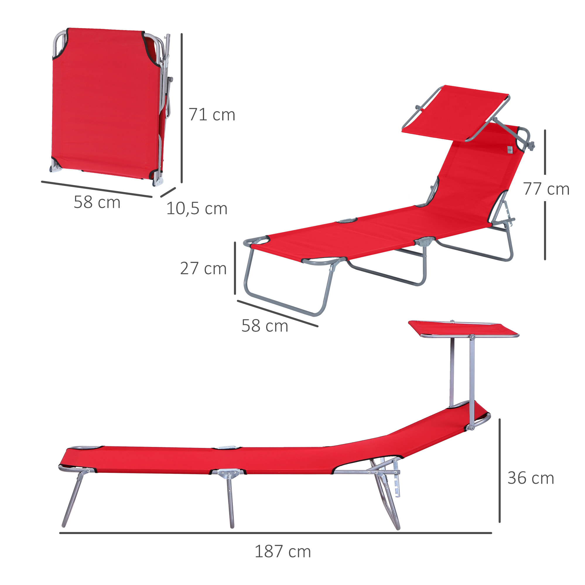Tumbona Plegable Tumbona de Jardín Exterior Reclinable con Toldo Desmontable con Ángulo Regulable Respaldo Ajustable en 4 Niveles para Terraza Piscina Patio 187x58x36 cm Rojo