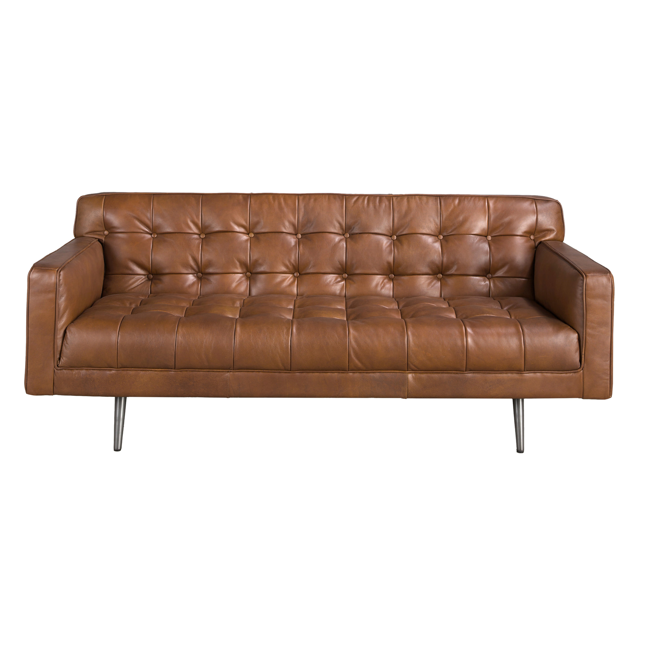 Sofá Chester de 2 plazas tapizado en piel de origen vacuno en marrón oscuro patas de acero inoxidable oscurecido 180x79x70cm