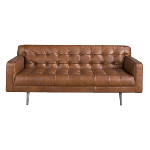 Sofá Chester de 2 plazas tapizado en piel de origen vacuno en marrón oscuro patas de acero inoxidable oscurecido 180x79x70cm