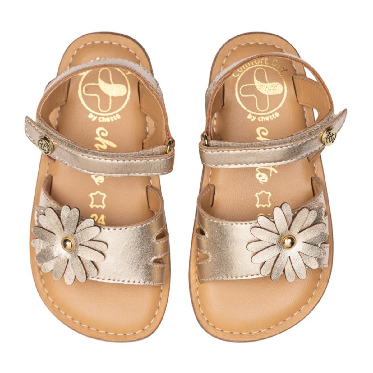 SANDALIA BAREFOOT ORO – FLOR METÁLICA Y DESTELLOS DORADOS