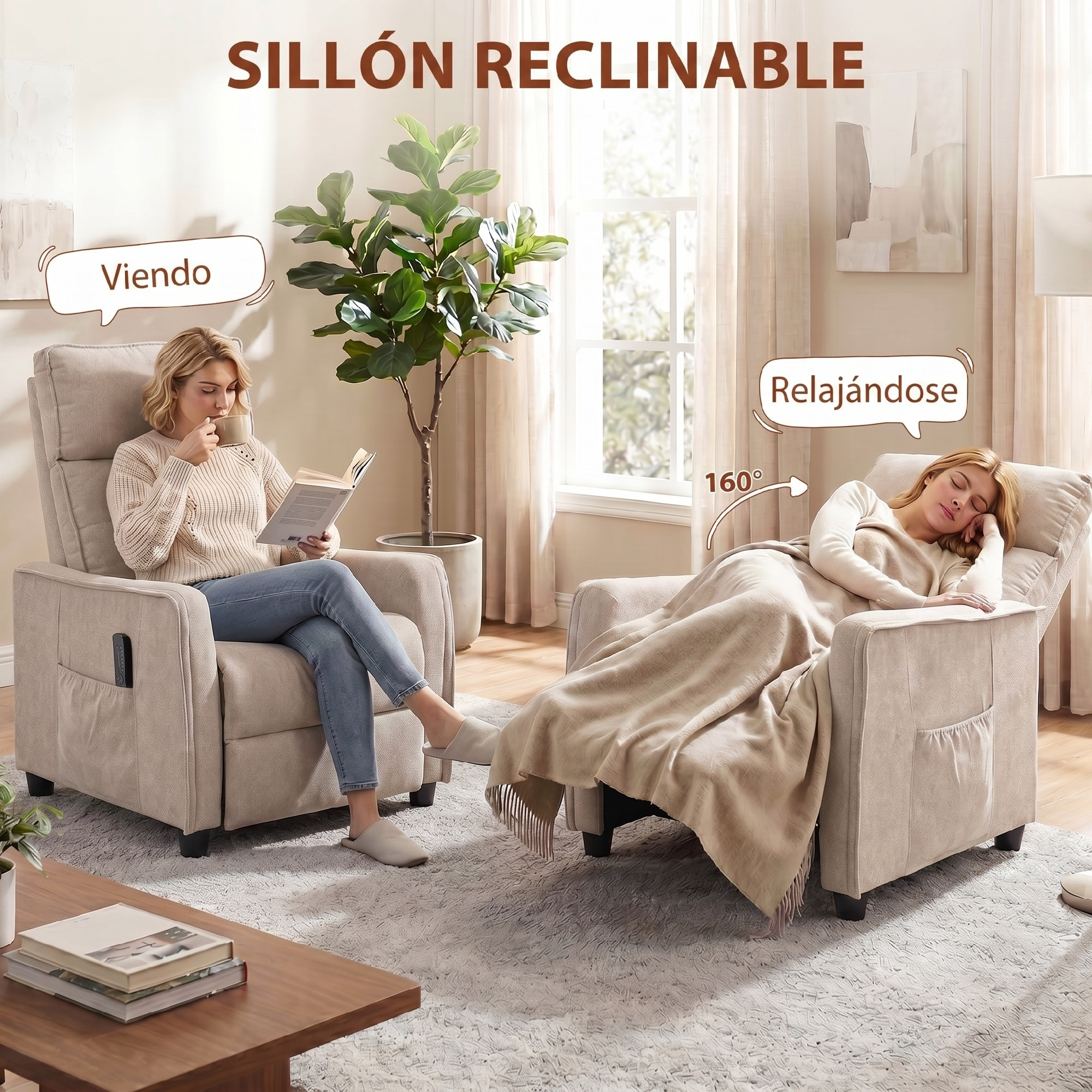 Sillón de Masaje, Sillón Relax Reclinable 160° con Mando a Distancia, Reposapiés, 2 Zonas de Masaje, Asiento de Muelles, Bolsillos, Tapizado en Lino Transpirable para Salón, 69x93x104 cm, Crema