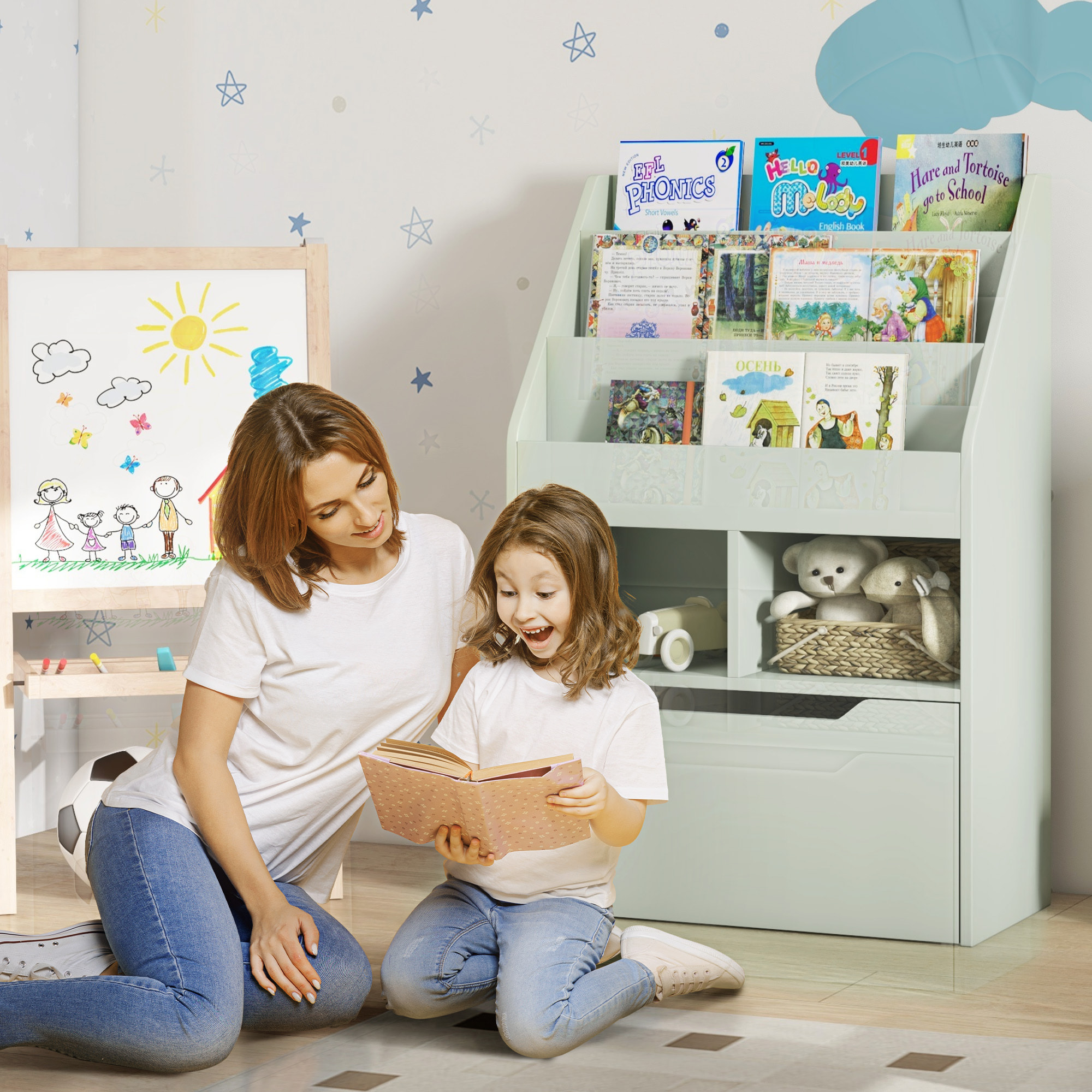 Estantería Infantil de Madera con 3 Compartimentos 2 Cubos y Cajón Móvil con 4 Ruedas Librería Infantil para Habitación de Niños Sala de Juegos 60x29,9x90 cm Verde