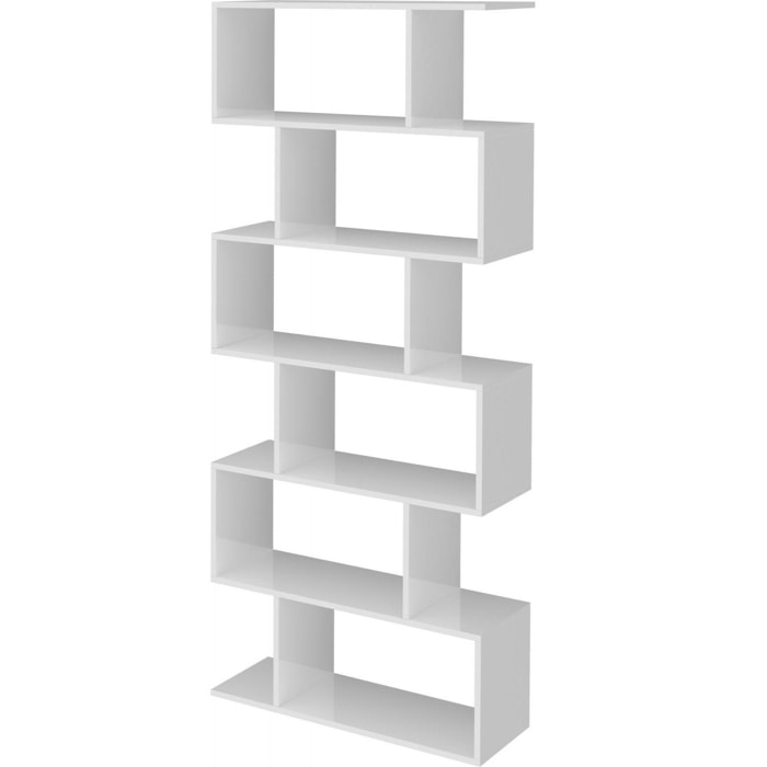 Libreria alta a zig zag a 6 scaffali aperti, Made in Italy, Scaffale per libri e documenti, Libreria da ufficio, cm 80x25h192, colore Bianco lucido