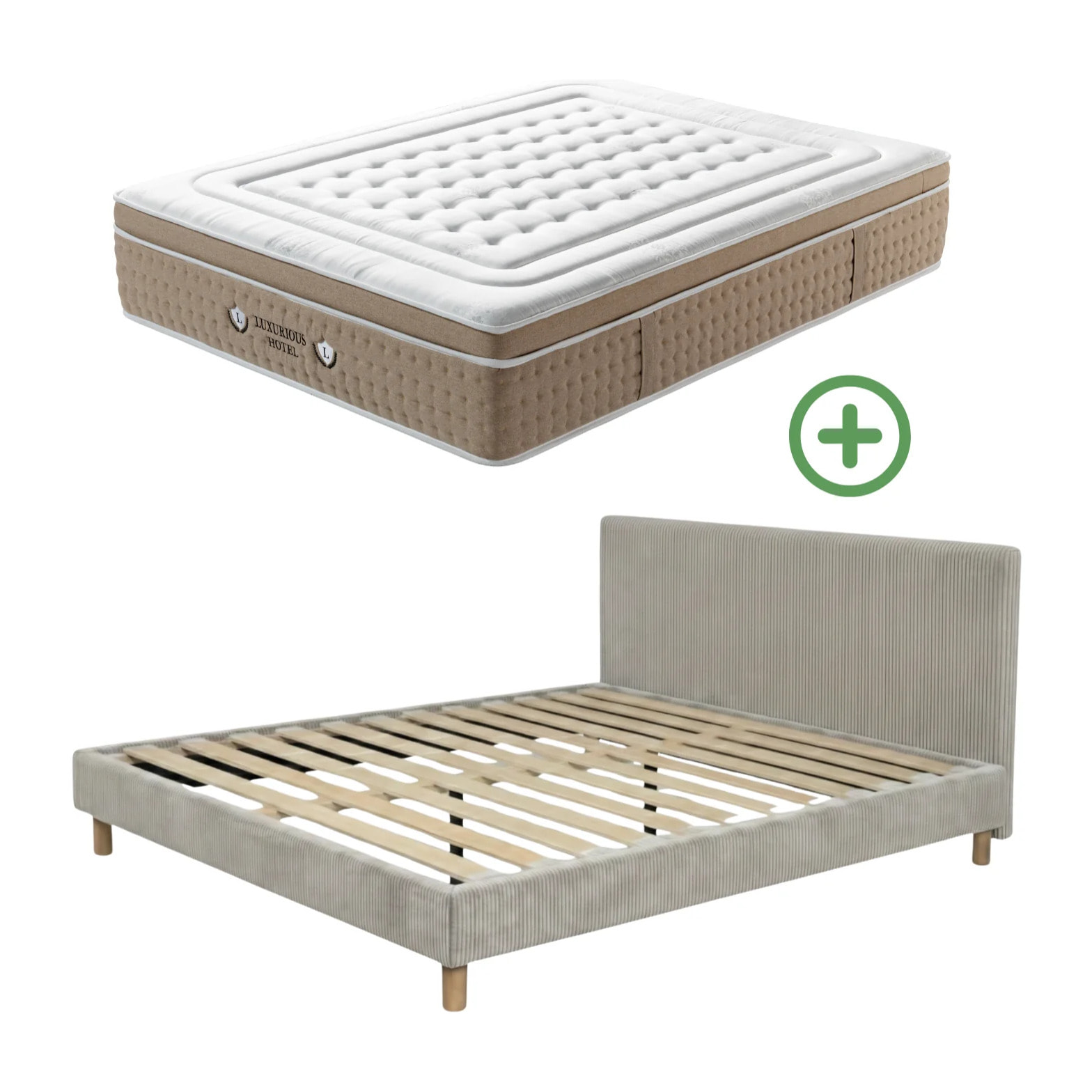 Ensemble matelas Bali & lit fixe Colisée | Mémoire de forme et ressorts ensachés | cadre à lattes | Bouclette | Olive