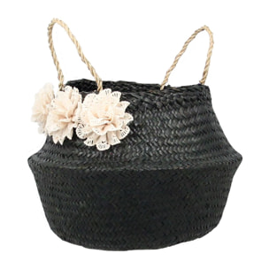 PANIER CACHE POT EN JONC DE MER NOIR AVEC 3 FLEURS D35XH40CM HANOI