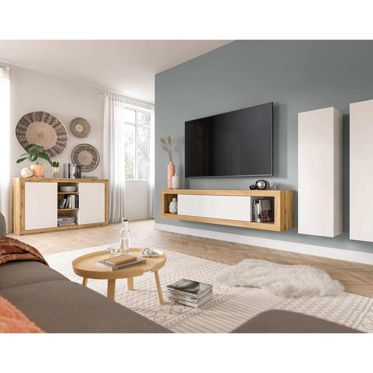Ethan – buffet bas – 2 portes et 3 niches – bois et blanc - 130 cm - Bois / Blanc