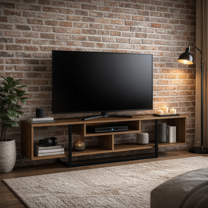 SIENA Meuble TV design industriel noyer et noir avec rangements - 149 cm
