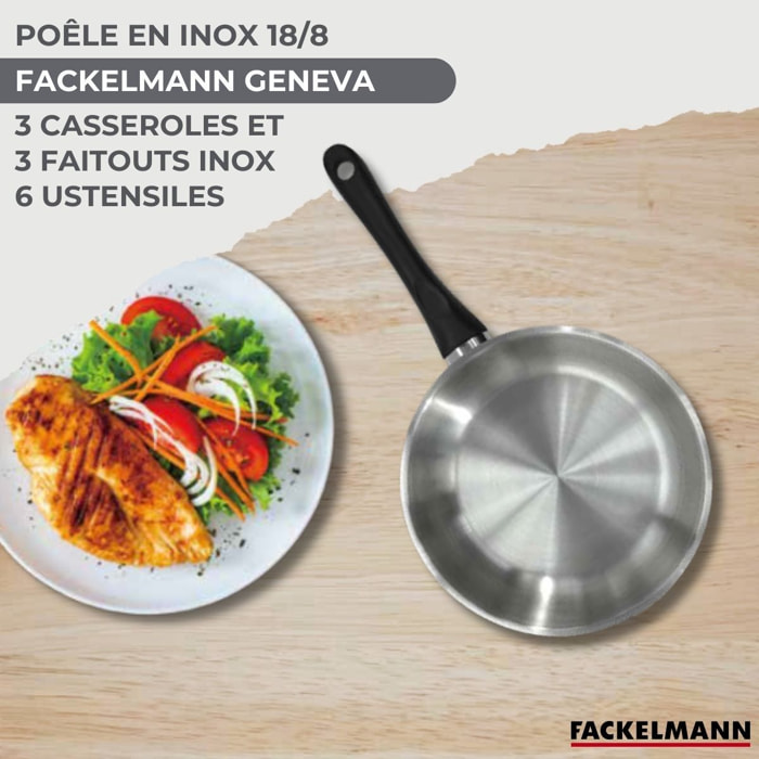 Set 1 poêle,  3 casseroles 12 16 20 cm, 3 faitouts 16, 20 et 24 cm en inox et 6 ustensiles RPET Fackelmann Geneva