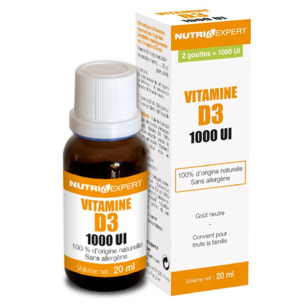NUTRI EXPERT - Vitamine D3 Naturelle 1000 UI - 100% d'origine naturelle - Contribue à l'absorption du calcium et du phosphore - Soutien de l'immunité - Sans allergène - Flacon 20ml