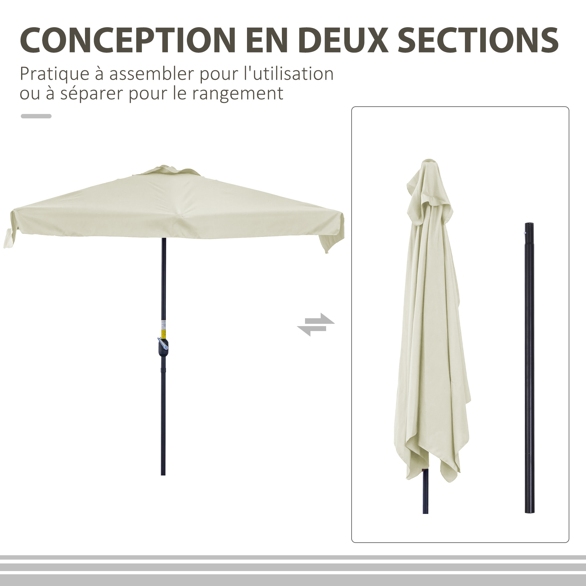 Demi parasol - parasol de balcon 5 entretoises métal dim. 2,3L x 1,3l x 2,49H m polyester haute densité crème