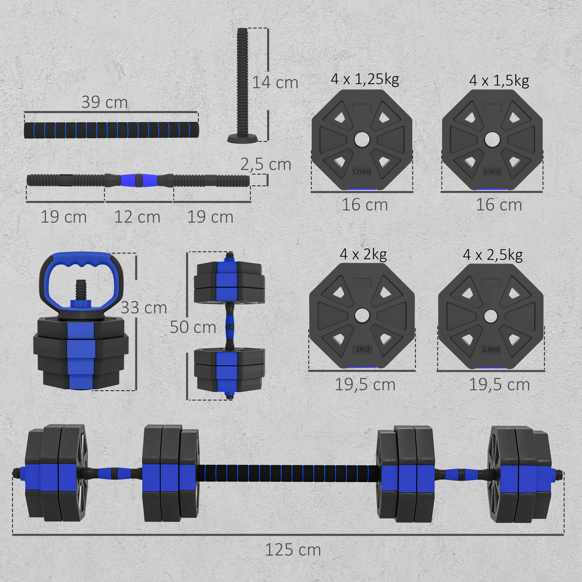 Ensemble d'haltères musculation multifonction 4 en 1 - haltères, kettlebell, push-up support, Olympic barre - total 30Kg - PVC bleu noir
