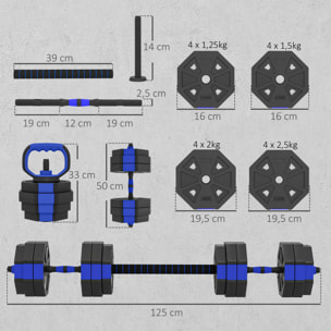 Ensemble d'haltères musculation multifonction 4 en 1 - haltères, kettlebell, push-up support, Olympic barre - total 30Kg - PVC bleu noir