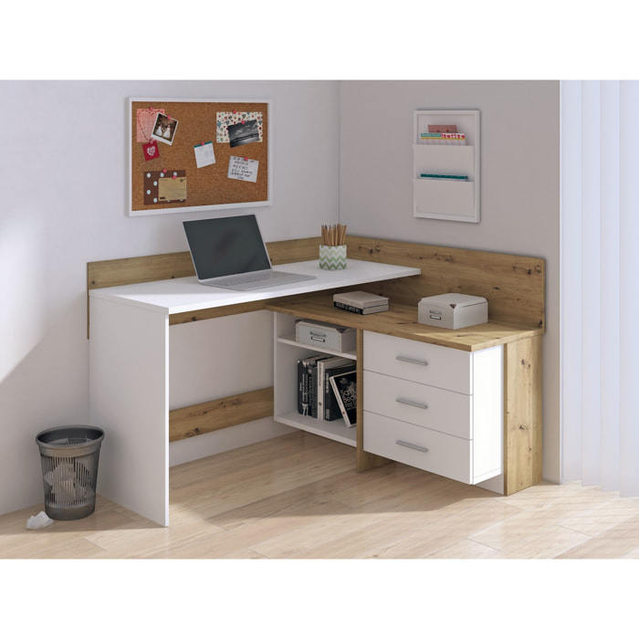Scrivania Elsa, Scrittoio multiuso, Tavolo per ufficio porta PC, Piano di lavoro, 130x112h82 cm, Bianco e Rovere Nodi
