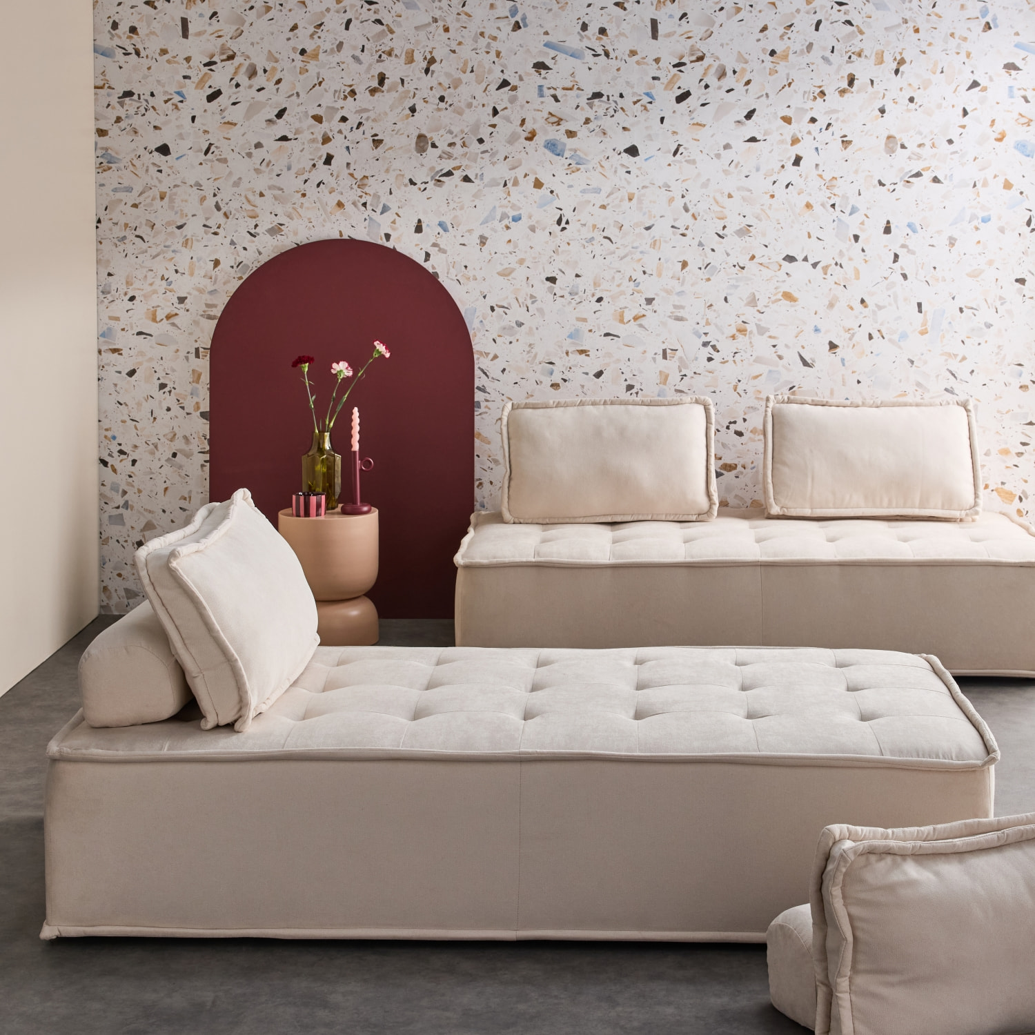 Lot de 2 chauffeuses DAO 2 places pour canapé modulable tissu capitonné crème