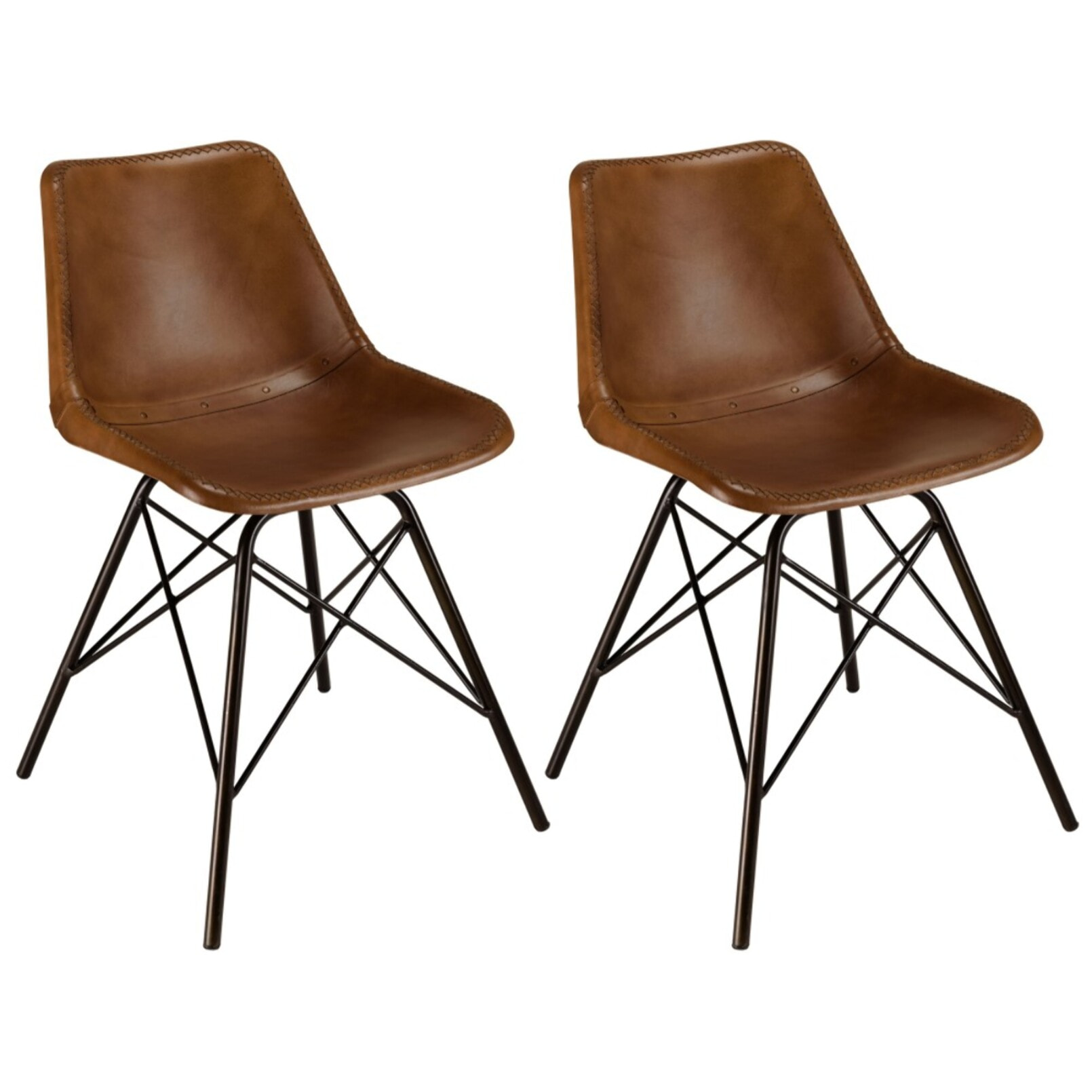 MARCEL - Lot de 2 chaises en cuir marron et pieds acier
