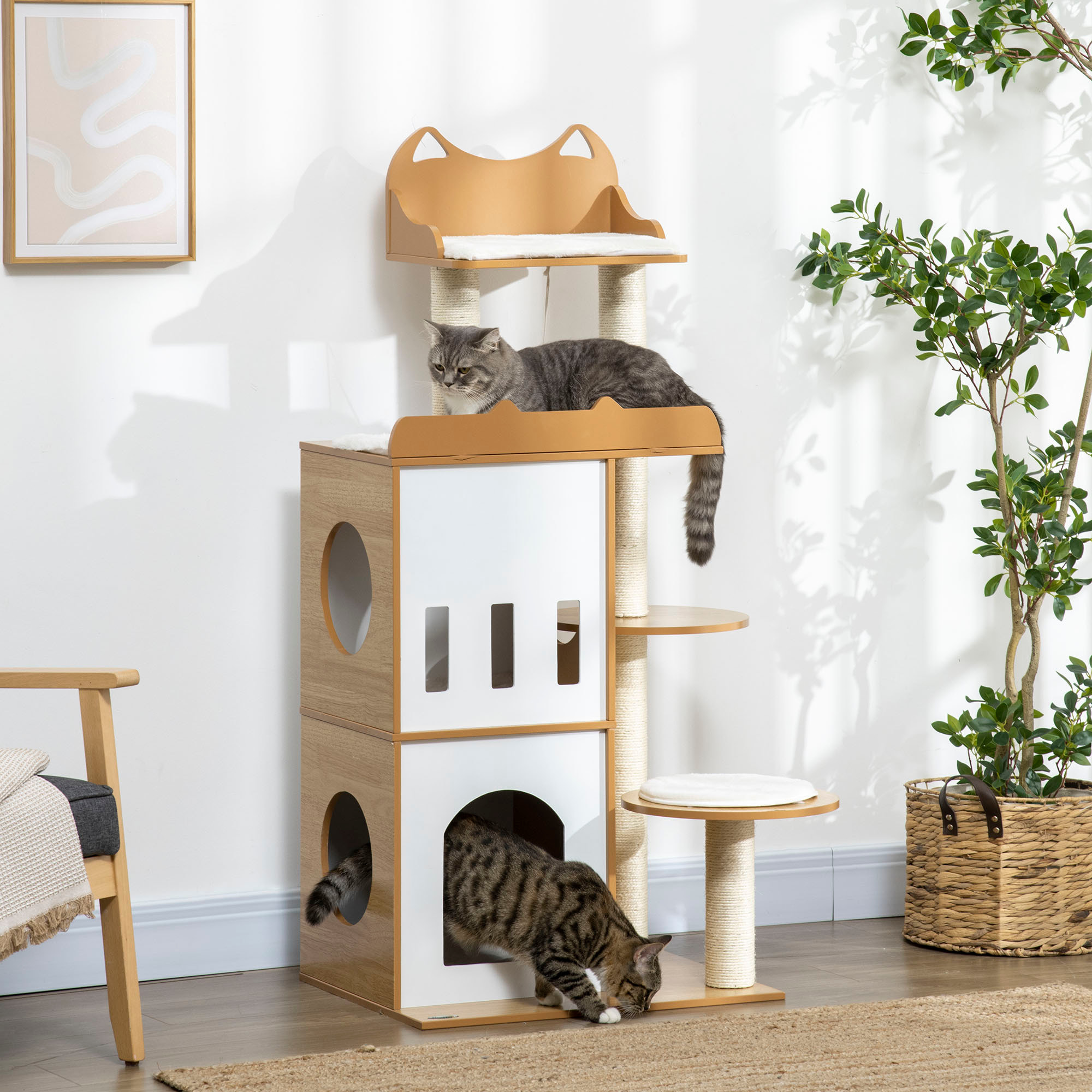 Arbre à chat design contemporain griffoir sisal naturel 2 niches plateformes jeu boule suspendue MDF blanc aspect hêtre clair