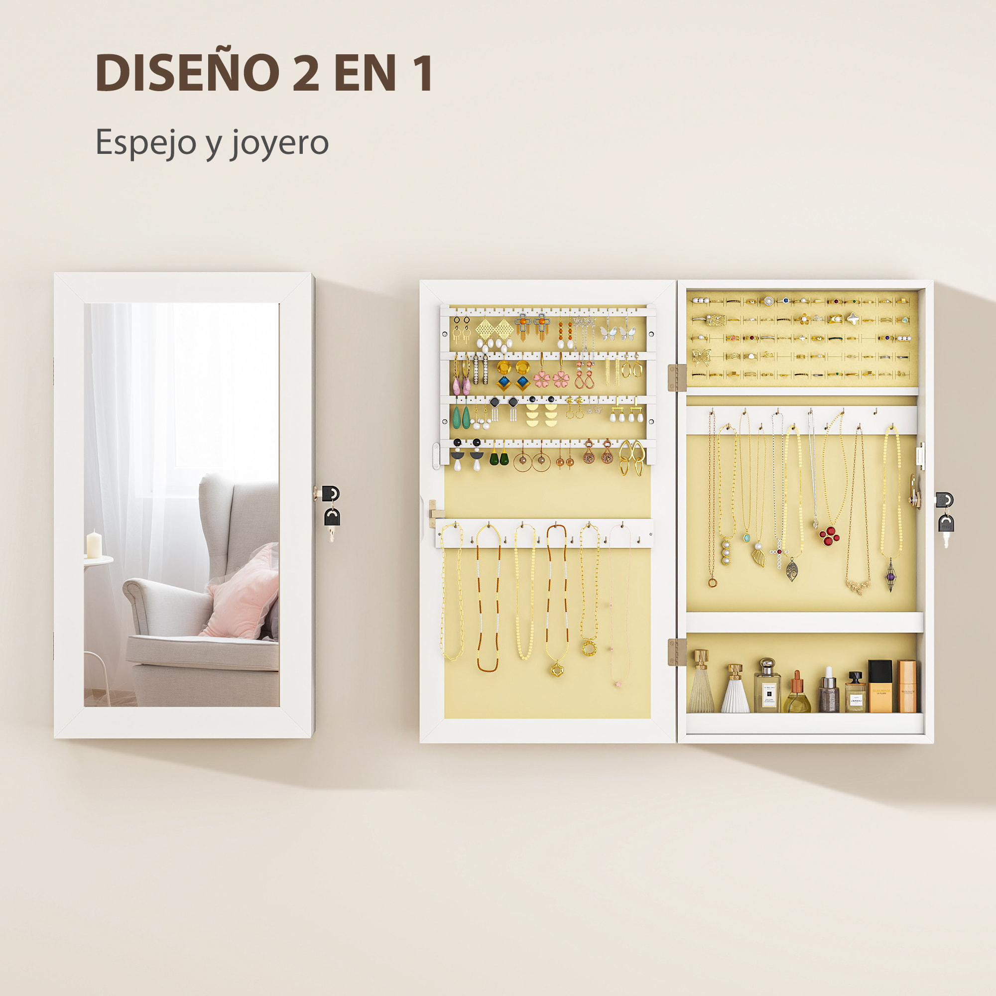 Espejo Joyero de Pared Armario para Joyas con Cerradura y Varios Compartimentos Montar en Pared o Puerta para Pendiente Collar Anillo Pulsera Blanco y Forro Crema
