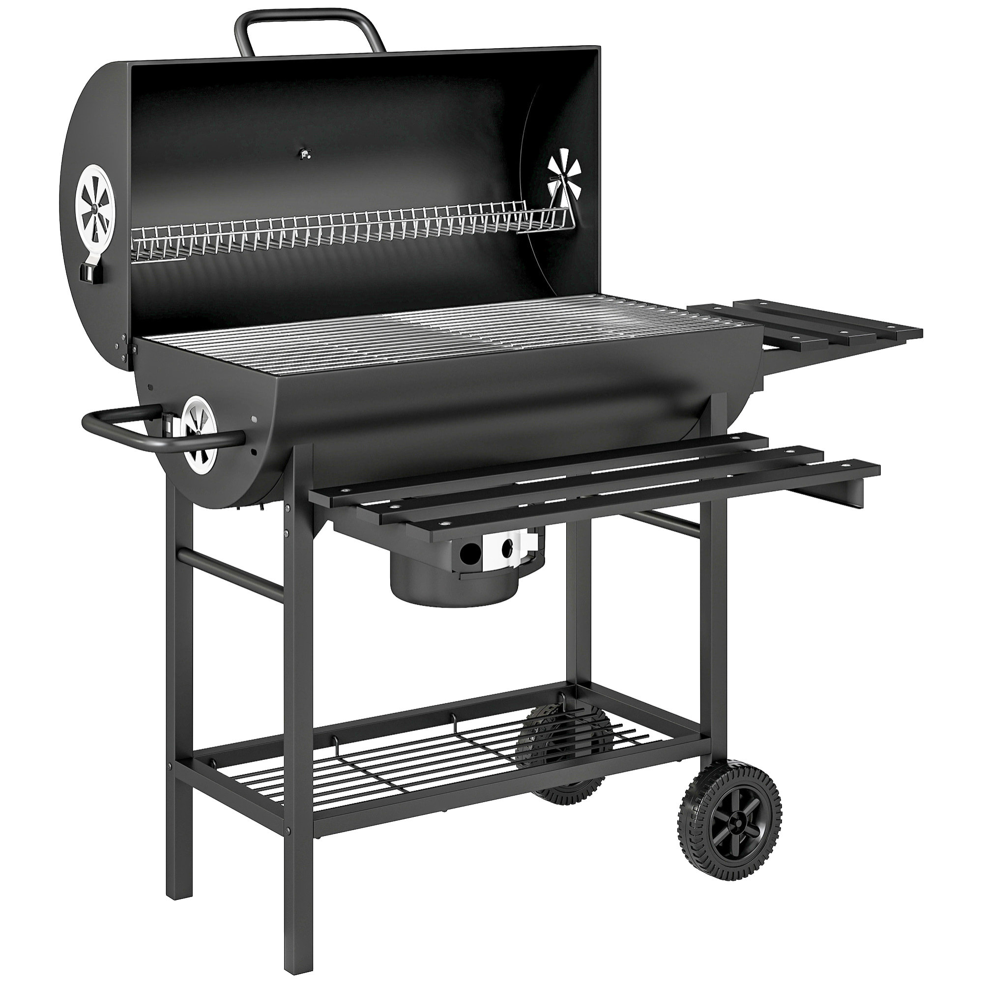 Barbecue charbon de bois avec couvercle 2 roues - 2 tablettes pliables, étagère, thermomètre - acier noir