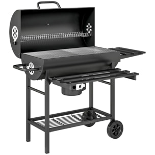 Barbecue charbon de bois avec couvercle 2 roues - 2 tablettes pliables, étagère, thermomètre - acier noir