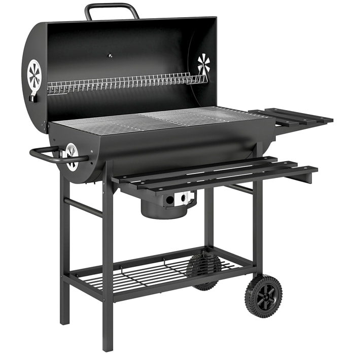 Barbecue charbon de bois avec couvercle 2 roues - 2 tablettes pliables, étagère, thermomètre - acier noir