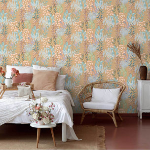 Papier peint feuillage aquarelle fond ocre